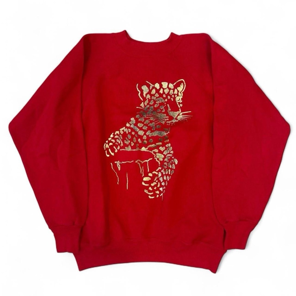 Vintage Red Cheetah Leopard Raglan Sweatshirt Adult Large Made In USA 80s 90s